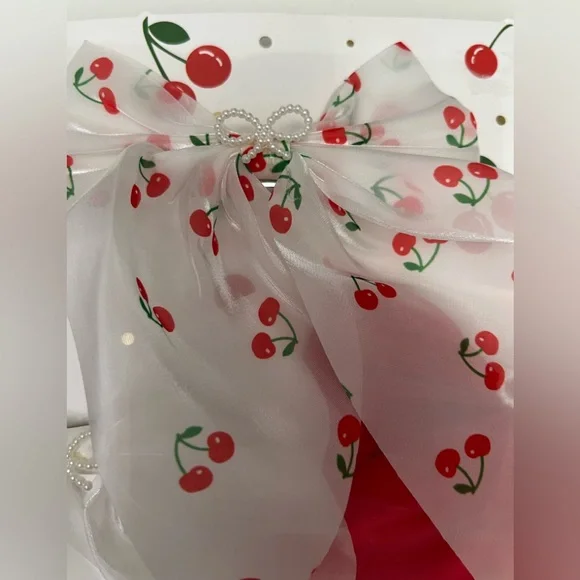 New Cherry Print Hair Bow Set - Red and White - Picture 6 of 6